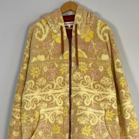 Free People Cozy Printed Blanket Hoodie Yellow Coat Large Cozy Fleece Boho - Picture 2 of 8